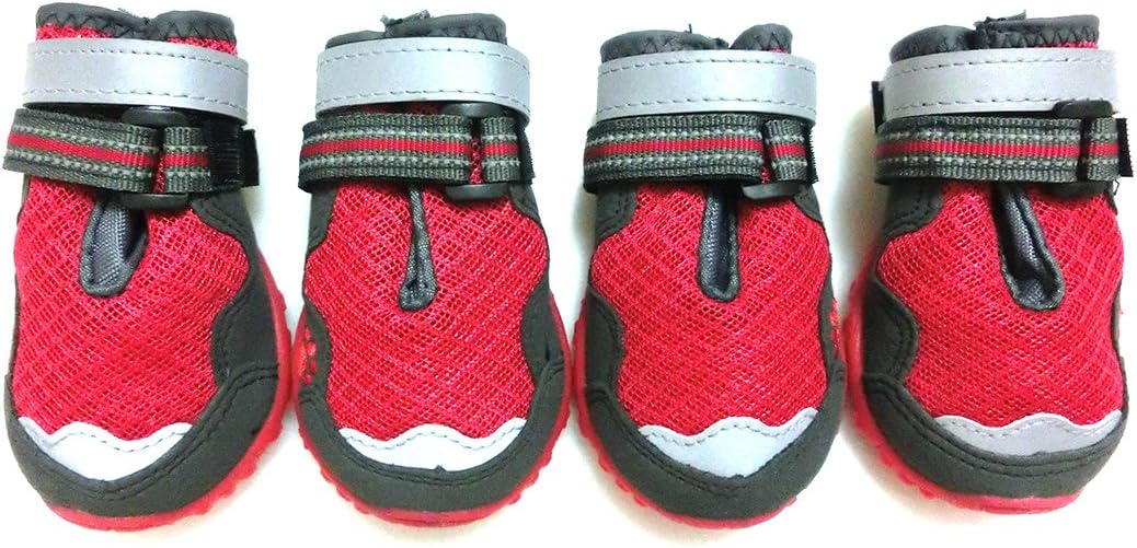 Xanday Breathable Dog Boots,Mesh Dog Shoes,Paw Protectors with Reflective and Adjustable Straps and Wear-Resisting Soles,4pcs(4,Red)