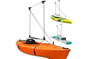 StoreYourBoard Kayak and Canoe Ceiling Hoist – Overhead Garage Storage Rack for Kayaks, Canoes, and Paddle Gear – Heavy Duty Pulley System Indoor Ceiling Mount