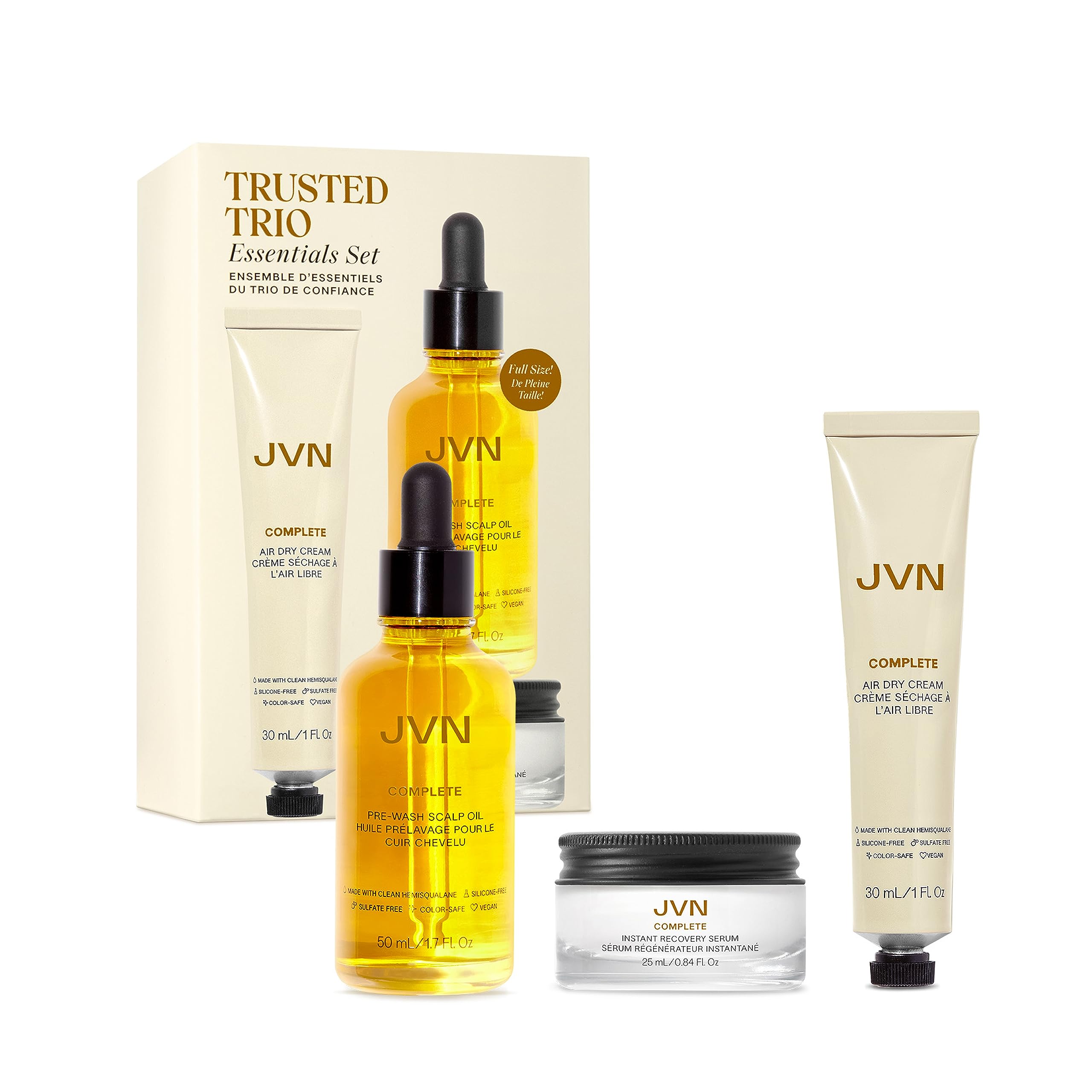 JVN Trusted Trio Essentials Set Travel - Mini Complete Size Air Dry Cream, Full Size Complete Pre-Wash Scalp Treatment Oil, and Travel Mini Complete Instant Recovery Heat Protectant Leave-In Serum