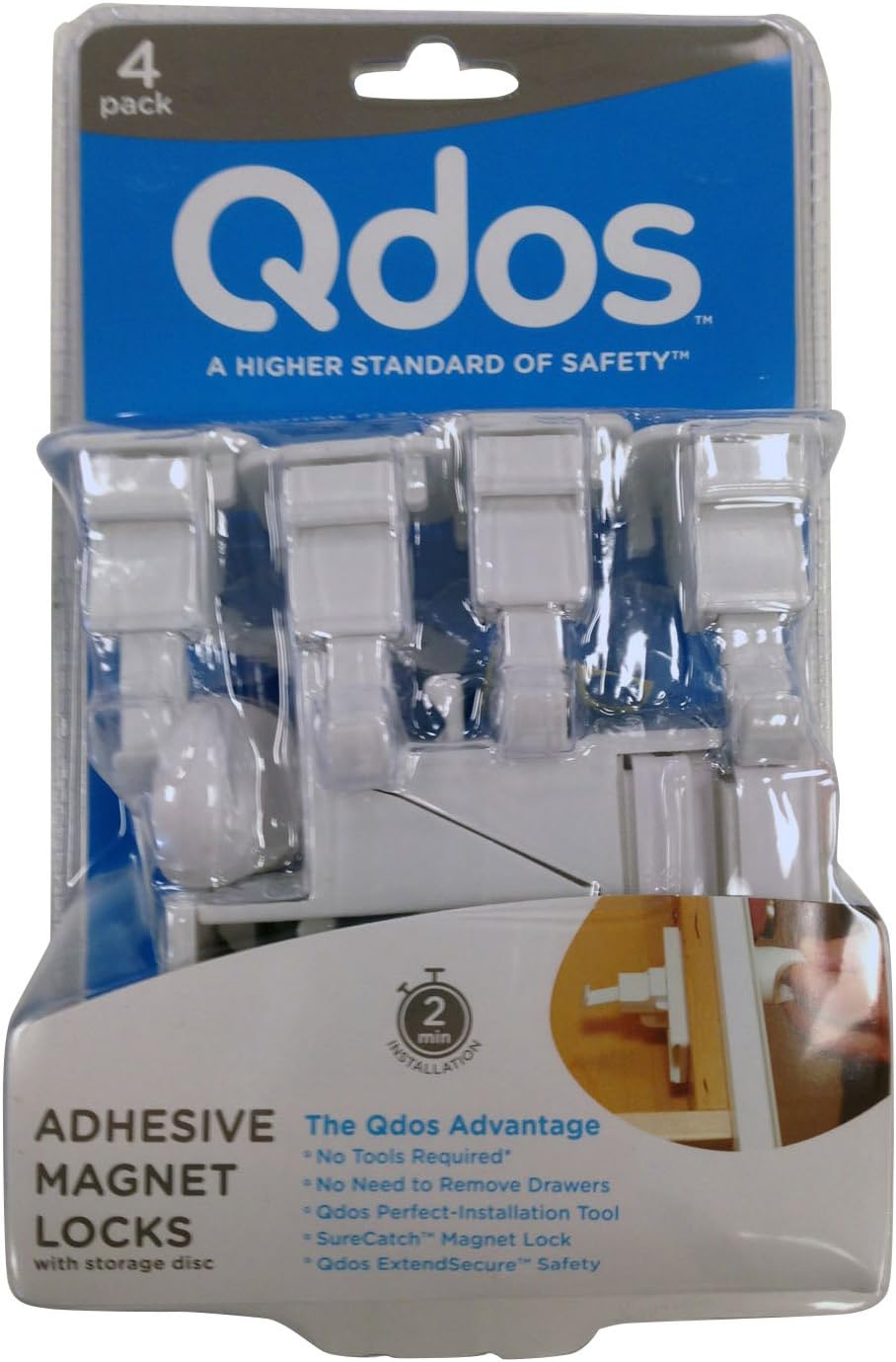 Qdos Adhesive Magnet Lock - Perfect Installation the FIRST time - No Removing Drawers! No Drilling! No Tools Required! Only for Standard Framed Cabinets | 4 Locks + 1 Key | White