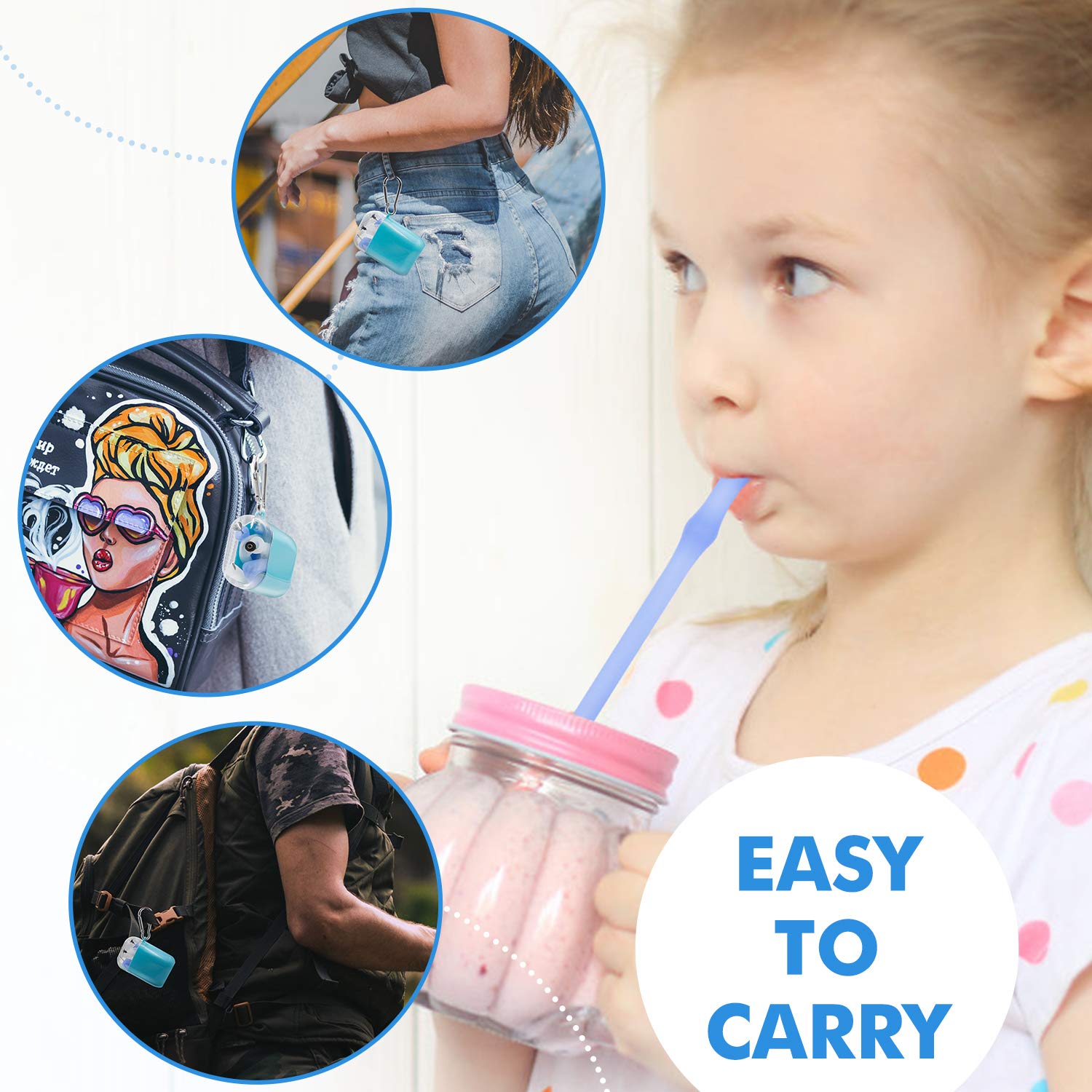 Reusable Collapsible Straws Folding Silicone Straws Food-Grade Drinking Straws - 2 Sets(4 Straws) (Blue)