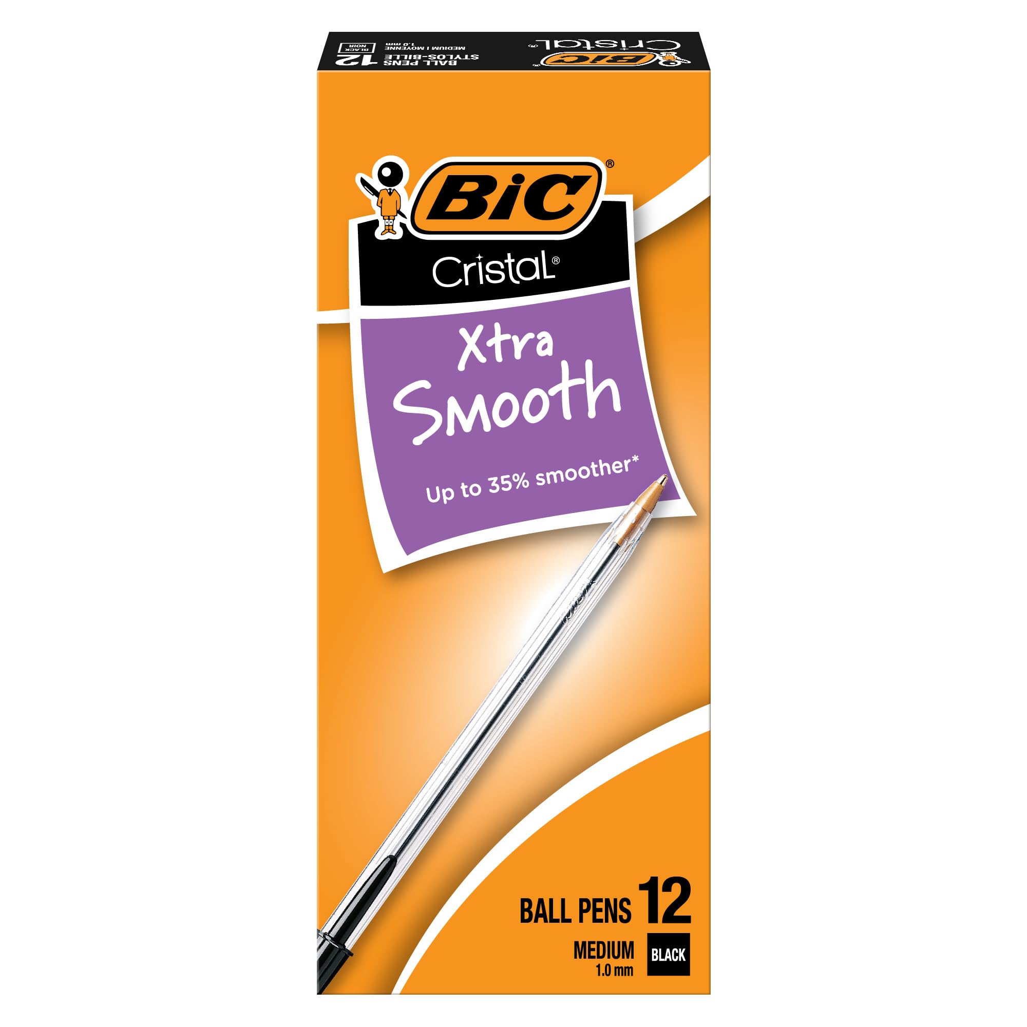 BIC Cristal Xtra Smooth Black Ballpoint Pens, Reliable Medium Point (1.0mm), 12-Count Pack