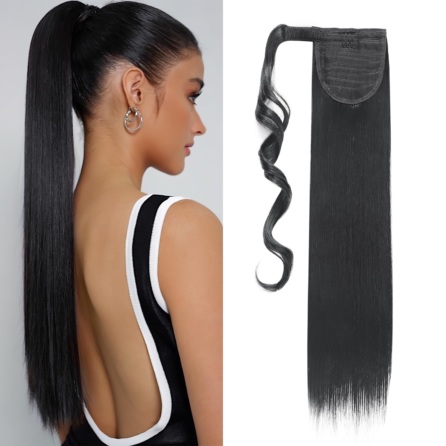 S-noilite 23" Long Straight Wrap around Ponytail Extensions Clip in Ponytail Hair Extensions Hairpiece for Women for Daily Use Dark Black