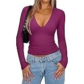 REORIA Women's Sexy Plunge Deep V Neck Long Sleeve Basic T Shirts Trendy Slim Fit Lightweight Y2K Going Out Crop Tops