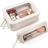 LETGO 2Pack Clear Makeup Bags Set,Portable Makeup Brush Bag,Portable Leather Travel Toiletry Bag Car Eessntials for Women (White)