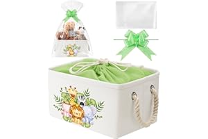 Pickmesh Baby Shower Storage Basket with Gift Bags Rectangular Ribbons Collapsible Canvas Storage Bin with Handles for Diaper Organizing Toy Home DIY Gift Basket, 13 x 9. 1 x 7. 1 Inch(Jungle Theme)
