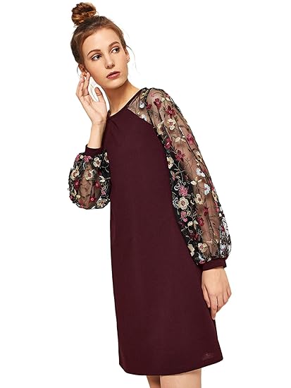 DIDK Damen Casual Kleid Stickerei Blumen Mesh Kontrastkleid