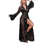 OYOANGLE Women's Long Lace Nightgown Appliques Sheer Mesh Bride Bridesmaids Wedding Kimono Robe
