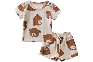 Infant Baby Boys Short Summer Outfit Toddler Bear Print T-Shirt Drawstring Shorts 2PCS Clothes Set