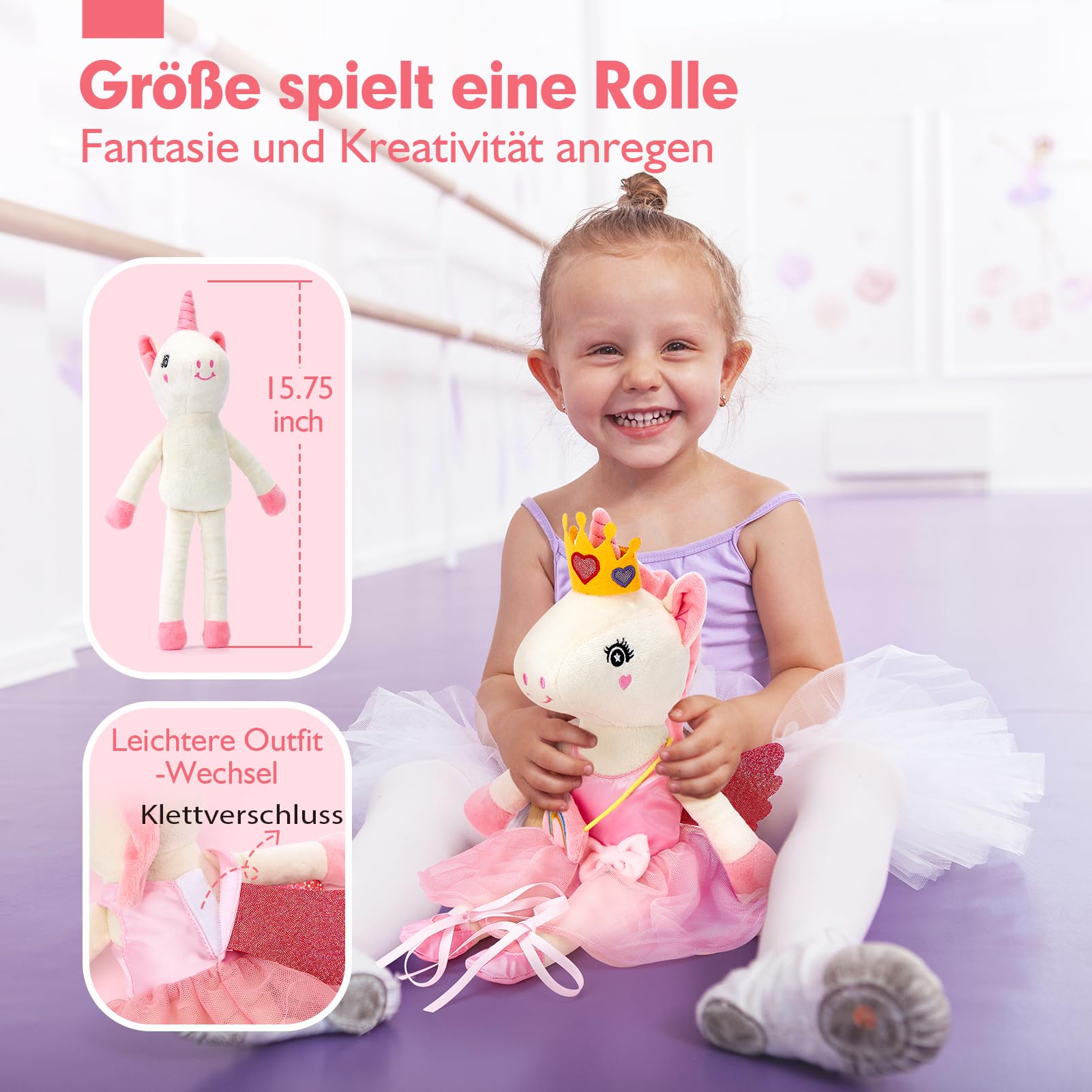 hahaland Plüschtier Einhorn Spielzeug ab 3-8 Jahre,Weiche Ballett Unicorn Stoffpuppe Kuscheln,Einhorns Kuscheltier Set mit 3er-Kleidungsset zum Anziehen,Einhorn Ggeschenke für Mädchen 3 4 5 6 7 Jahre 3