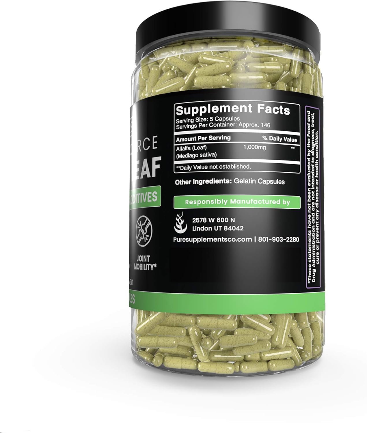 Natural Alfalfa Leaf, 730 Capsules, 3-Month Supply, No Stearates or Rice Filler, Made in USA, Pure and Gluten-Free, 1000 mg of Potent & Undiluted Alfalfa Leaf per Serving with No Additives: Health & Personal Care