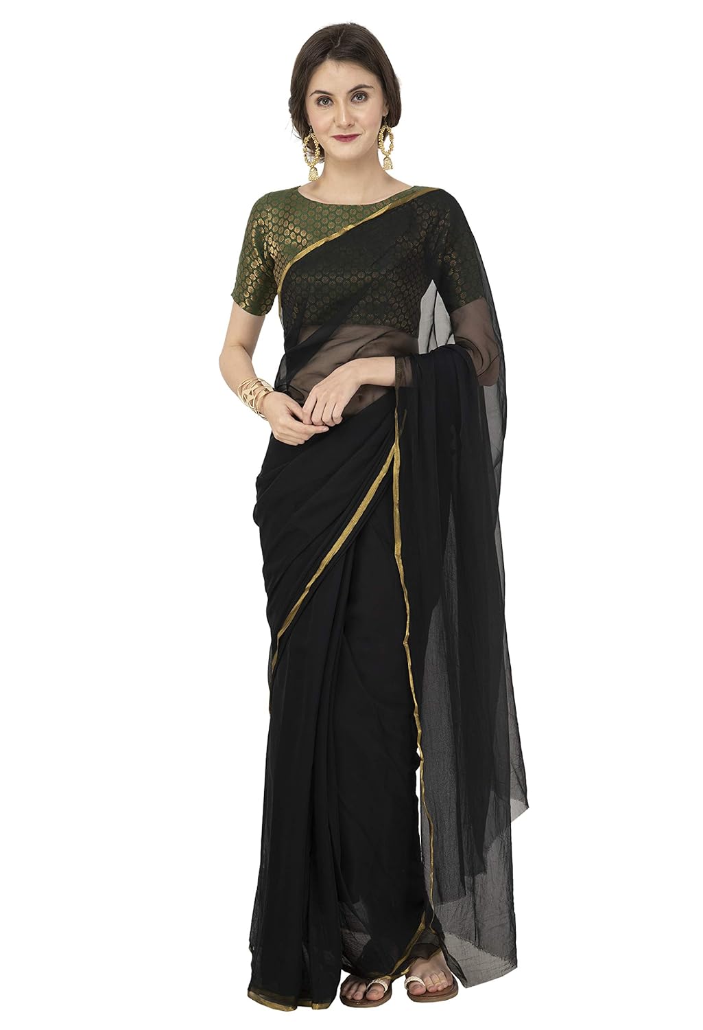Black chiffon saree with golden border Clearance