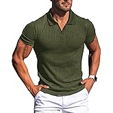 Collared Muscle Shirts for Men Ribbed Knit Slim Fit Polo Shirts Short Sleeve, Mens V Neck T Shirts Casual Stylish