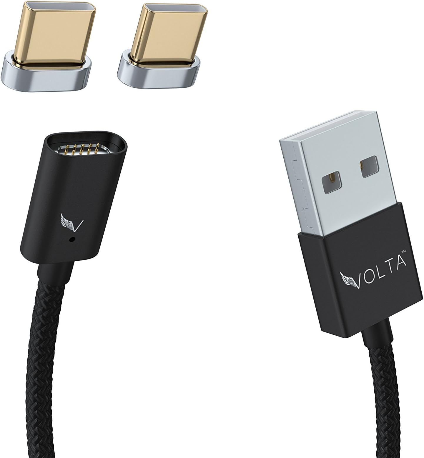 VOLTA Charger USB-C to USB A, Magnetic Universal Charger, 3.0 Quick Charge Compatible, Fast Charge & Rapid Charge, x1 Cable +2 USB-C Tips (Black, 0.8 Feet / 0.25 Meter)