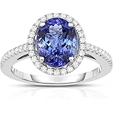 KOKAV 18K White Gold Genuine Tanzanite 3Ct Oval, Diamond Halo Ring. size 7