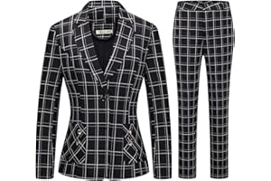 MODFUL Womens 2 Piece Plaid Suits Set Business Office One Button Blazer Jacket Casual Long Sleeve Pant Suit Set