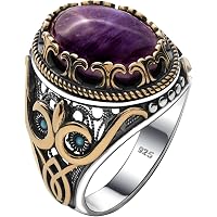 Solid 925 Sterling Silver Men's Ring With Simulated Amethyst – Faceted Purple Stone, Ottoman Design, Sizes 8-13 - View #12