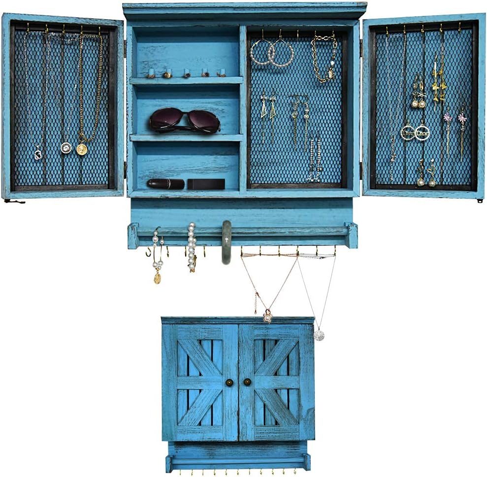 GLANT Rustic Wall Mounted Jewelry Organizer with Wooden Barndoor Decor,Wooden Wall Mount Holder,Jewelry holder for Necklaces, Earings, Bracelets, Ring Holder. (Rustic Blue)