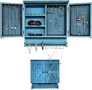 GLANT Rustic Wall Mounted Jewelry Organizer with Wooden Barndoor Decor,Wooden Wall Mount Holder,Jewelry holder for Necklaces, Earings, Bracelets, Ring Holder. (Rustic Blue)