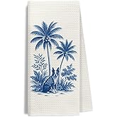 EKGJW Tropical Chinoiserie Boston Terrier Kitchen Towels - Boston Terrier Gifts Dish Tea Towels for Kitchen, Vintage Blue Palm Tree Coastal Dog Decorative Hand Towel for Bathroom, 16x24 Inch