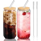 DAMCONME Glass Cups with Lids and Straws Set of 2 - Iced Coffee Cups with Lids for Cold Brew and Beer, 20 oz Can Shaped Glass with Bamboo Lids and Straws - Aesthetic Coffee Bar Gift for Coffee Lovers