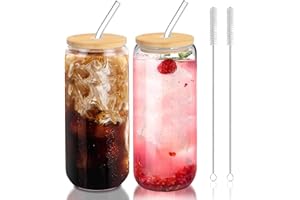 DAMCONME Glass Cups with Lids and Straws,20 Oz Glass Tumbler with Straw and Bamboo Lid for Iced Coffee,Whiskey,Soda,Tall Bott