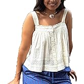 Women Lace Trim Vest Tank Top Y2k Eyelet Loose Button Down Camisole Boho Peplum Tie Front Sleeveless Crop Top