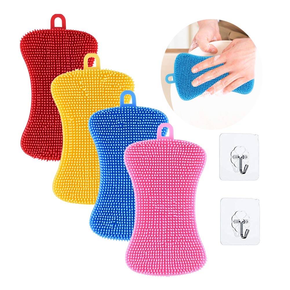 Silicone Sponge Dish Sponge 4 Pieces Kitchen Sponges and 2 Pieces Hook Kitchen Dishes Silicone Scrubber Kitchen Sponge Dish Sponges Washing Gadgets Tools Brush Accessories Cleaning Scrub