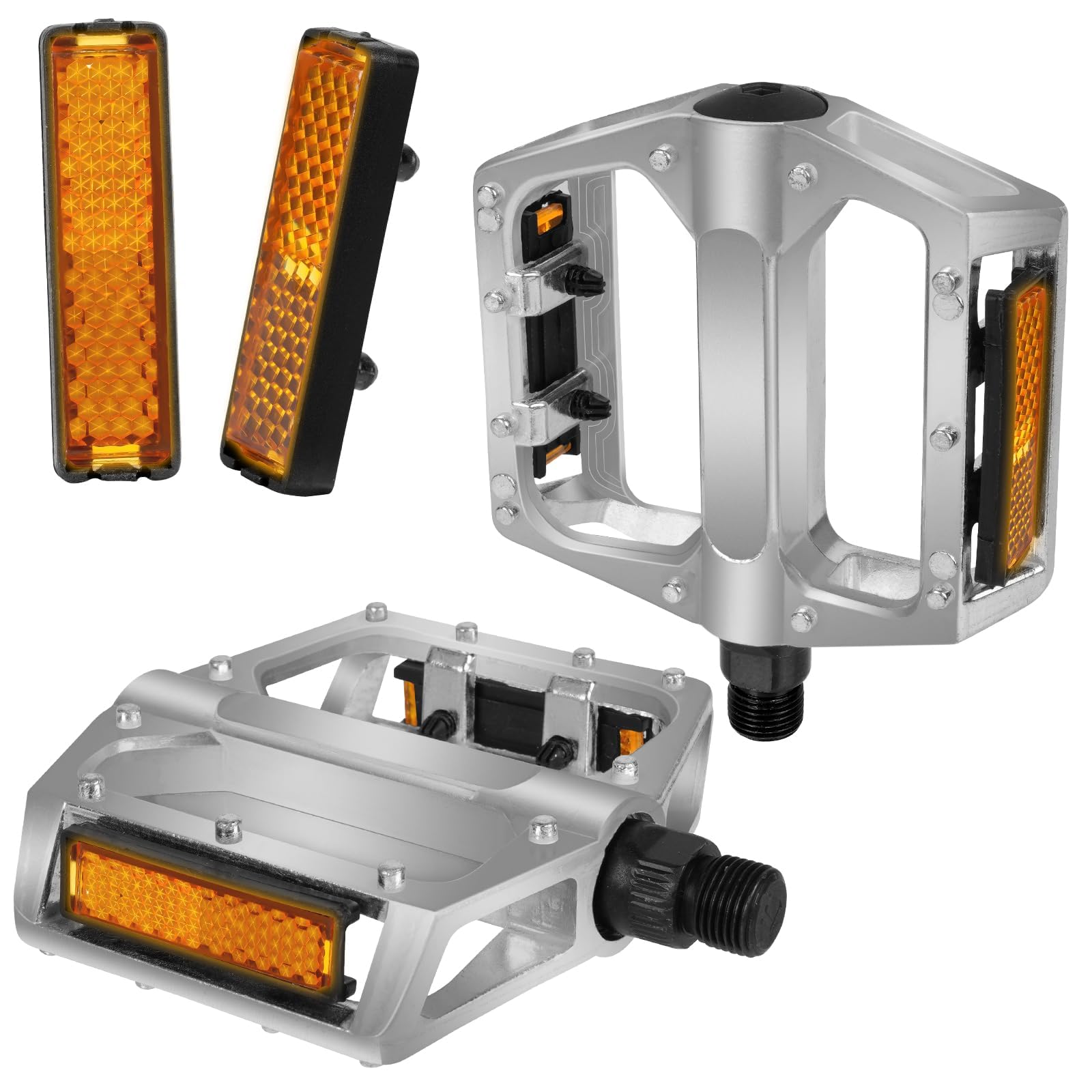 Adiwo Bike Pedals, Aluminum Mountain Bike Pedals with Reflective Strips, 9/16'' Bicycle Cycling, Non-Slip Premium Replacement Pedals for Road Bike, Mountain BMX MTB, E-Bike, Silver
