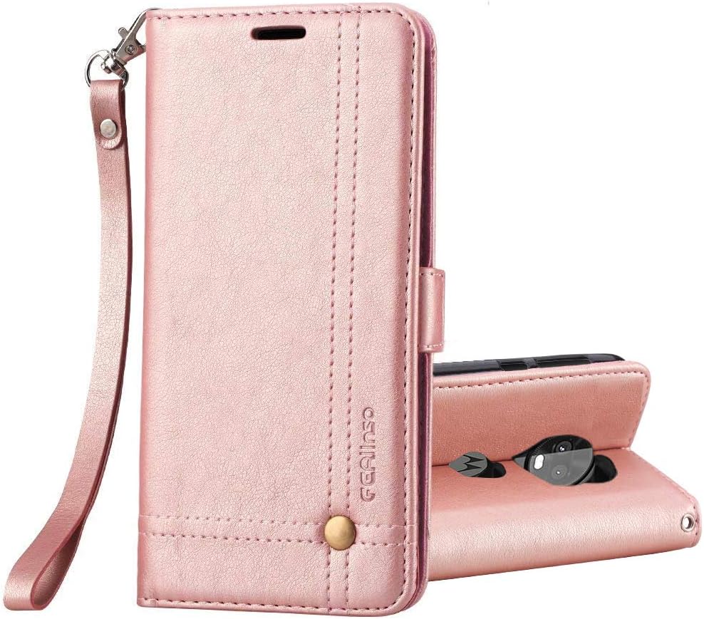 Ferlinso Moto Z3 Play Case, Elegant Retro Leather with ID Credit Card Slot Holder Flip Cover Stand Magnetic Closure Case for Moto Z3 Play-Rose Gold