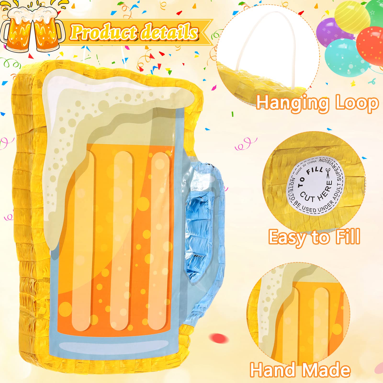 Sratte Beer Piñata with Stick and Blindfold Confetti Cheers to Beers Glass Mug Hanging Decoration Mexican Piñatas for Adult Birthday Bachelor Party Game Supplies (Lovely)