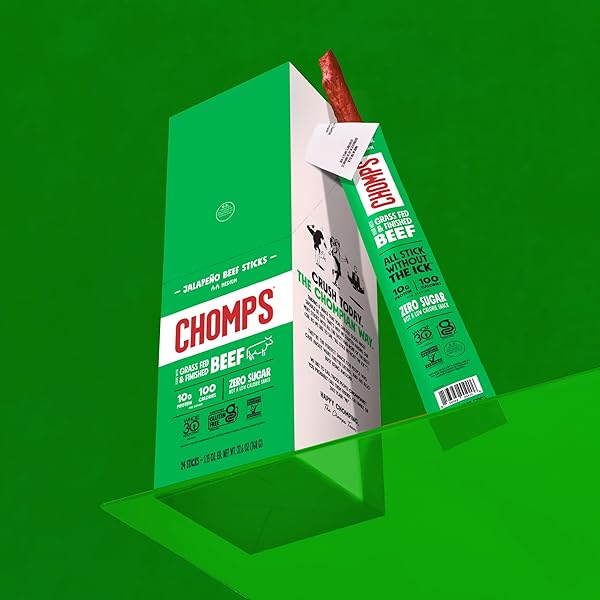 CHOMPS GRASS-FED AND FINISHED JALAPEÑO BEEF JERKY SNACK STICKS 10-PACK – KETO, PALEO, WHOLE30, 10G LEAN MEAT PROTEIN, GLUTEN-FREE, ZERO SUGAR FOOD, NON-GMO