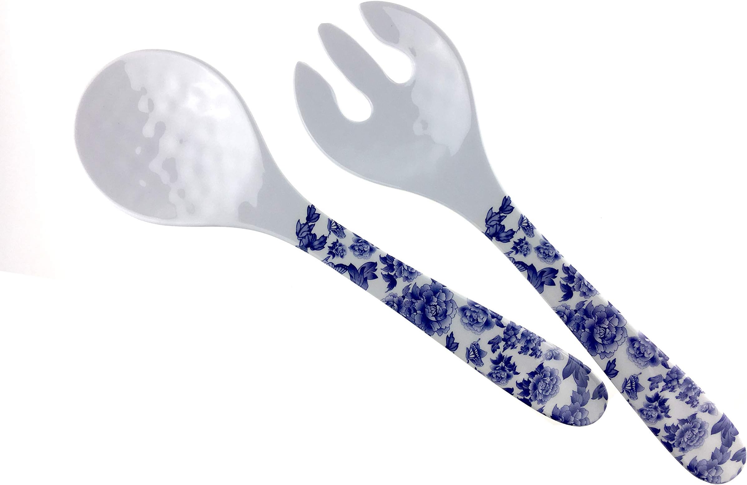 ARC, 6905F Salad Spoon and Fork Server Set, 2pc, 100% Melamine (Not Porcelain), FDA Safe, Elegant, Heavy Duty (White with blue floral design)