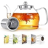 Glass Teapot, 40oz/1200ml Tea Pot with Removable Infuser for Loose Tea, Stovetop Safe Borosilicate Glass Tea Kettle with Strainer and Lid, Hand Crafted Clear Teapot with Scale Line, Tea Brewer Guide