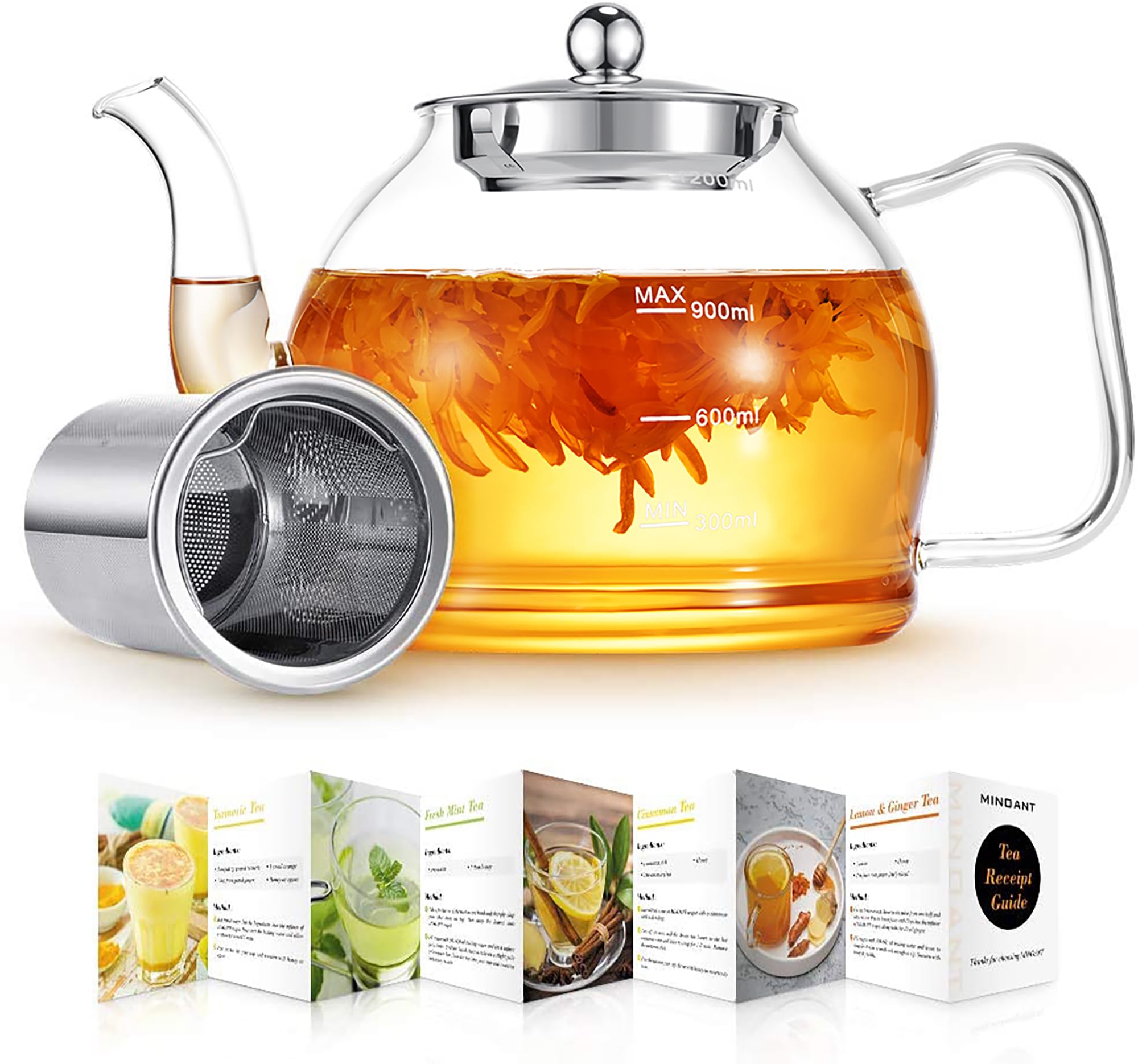 1200ml Borosilicate Glass Teapot with Infuser - Scale Line Stovetop Safe Cover Brewer Guide for Blooming and Flowering Tea - 4-6 Cups