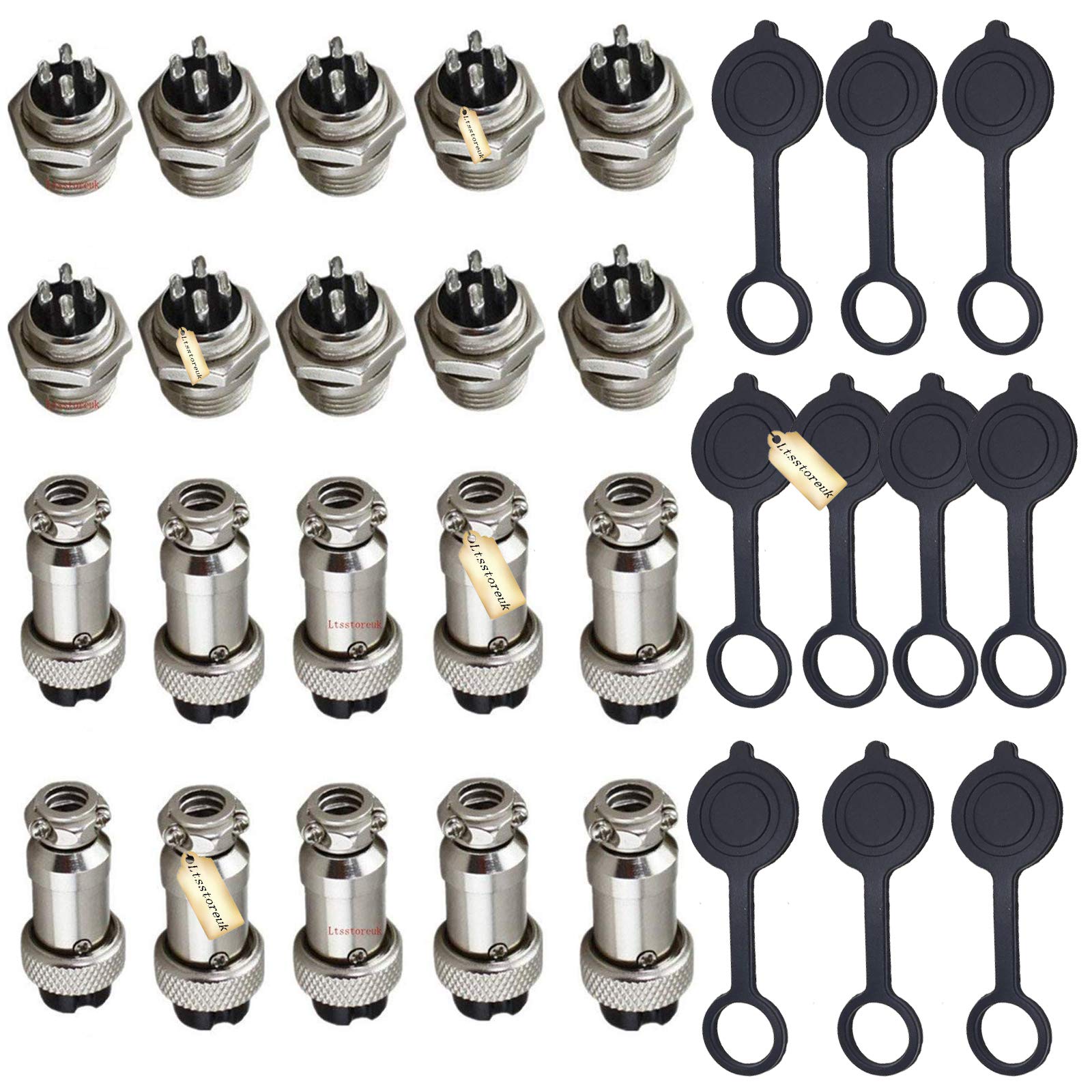Ltsstoreuk 10Pairs Metal Aviation Connector 4Pin 16MM 5A Thread Male Female Aviation Wire Plug Adapter GX16-4 Din with 10Pcs Rubber Aviation Protector Cap