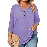Plus Size Clothes 3/4 Length Sleeve Womens Tops Button Down Shirts Blouses Dressy Casual Loose Tunics L-4XL