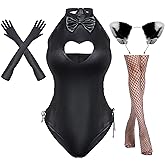 Yuriko Womens Bunny Costume Girl Suit Button Crotch Romper Onesie Bodysuit Cosplay Costume Furry Cat Ear Gloves Socks set(Black S)