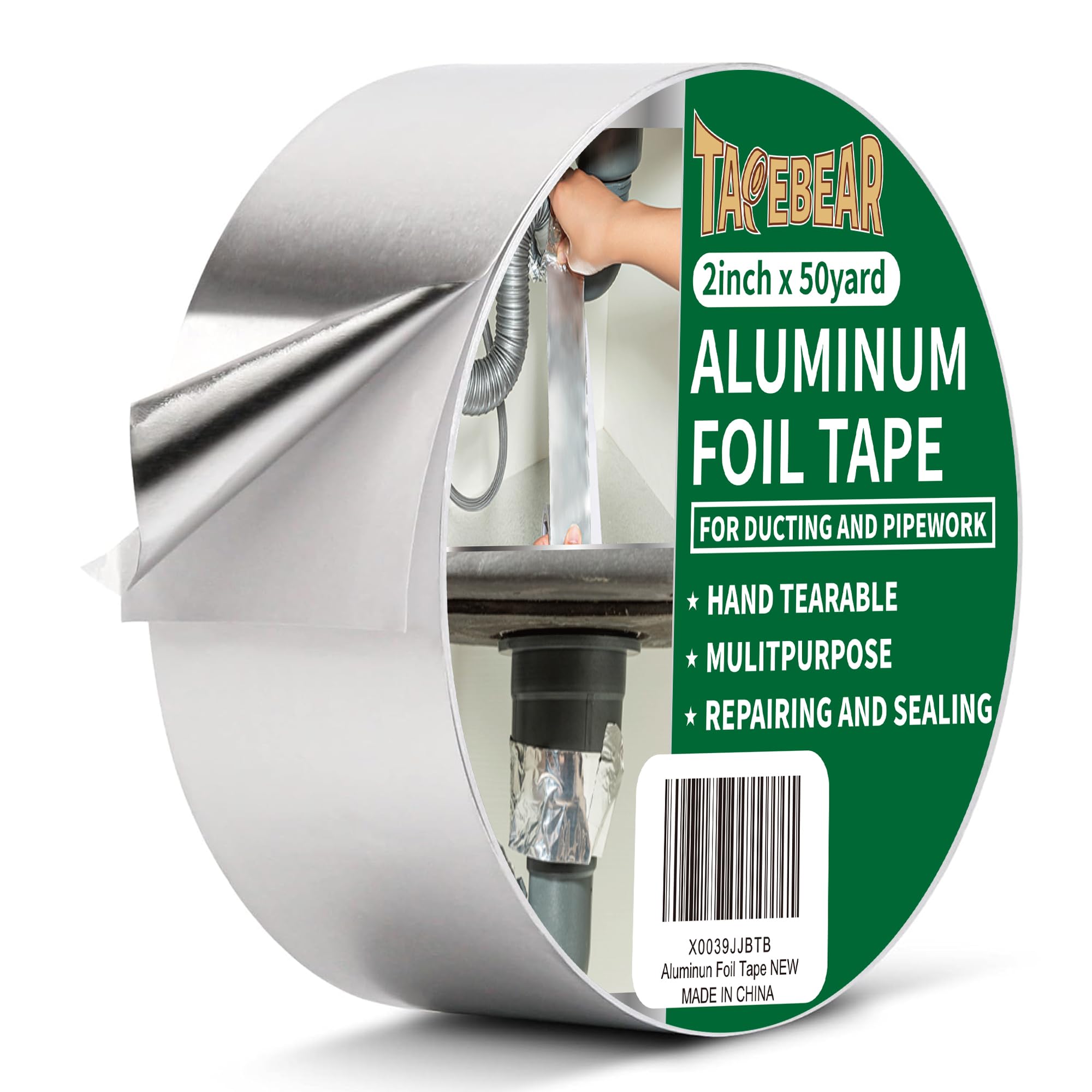 TAPEBEAR Aluminum Foil Tape, Aluminum Air Duct Tape, Withstand 80°C to 100°C, Heat Resistant Tape Insulation Tape for HVAC, Sealing & Patching, Metal Repair, 2inch x 50yard