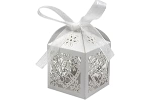 KPOSIYA 100 Pack Love Heart Laser Cut Wedding Party Favor Box Candy Bag Chocolate Gift Boxes Bridal Birthday Shower Bomboniere with Ribbons