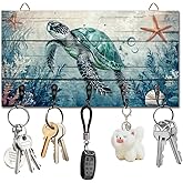 DELORIGIN Sea Turtle Ocean Key Holder Key Hooks Organizer Hanger Rack Wall Mounted Wooden Key Rack with 5 Key Hooks for Home Entryway Front Door Kitchen Hallway Bedroom Wall Decorative Key Storage