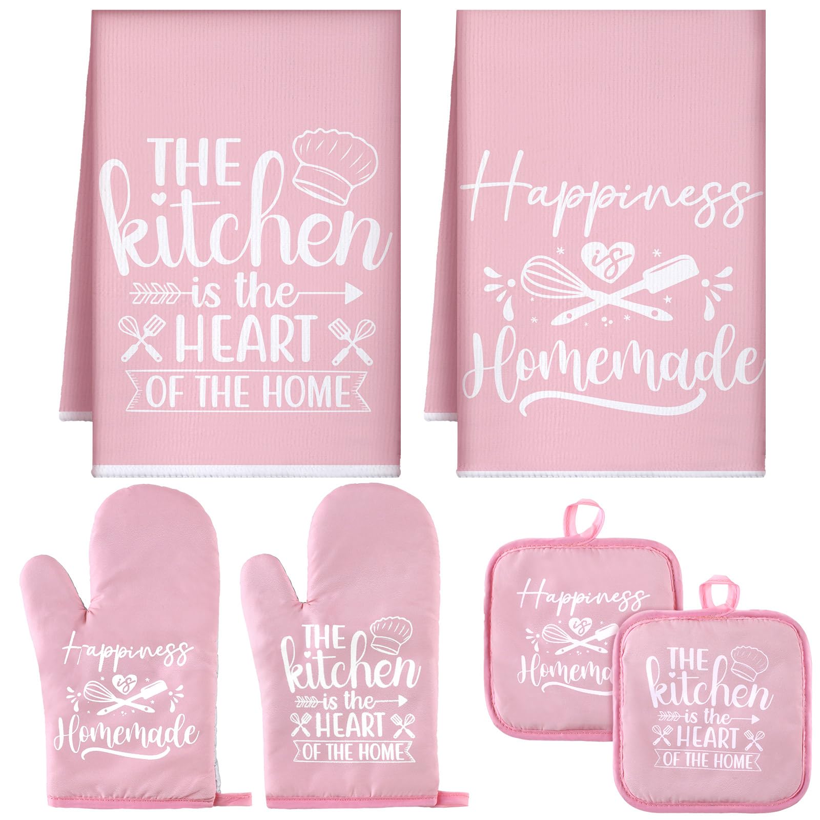 Photo 1 of Sratte 6 Pcs Kitchen Decor Accessories Set Farmhouse Towels Pot Holders Oven Mitts Set 2 Dish Towels 2 Potholders 2 Cooking Mittens Oven Glove for Baking Cooking Supply(Pink,Kitchen)