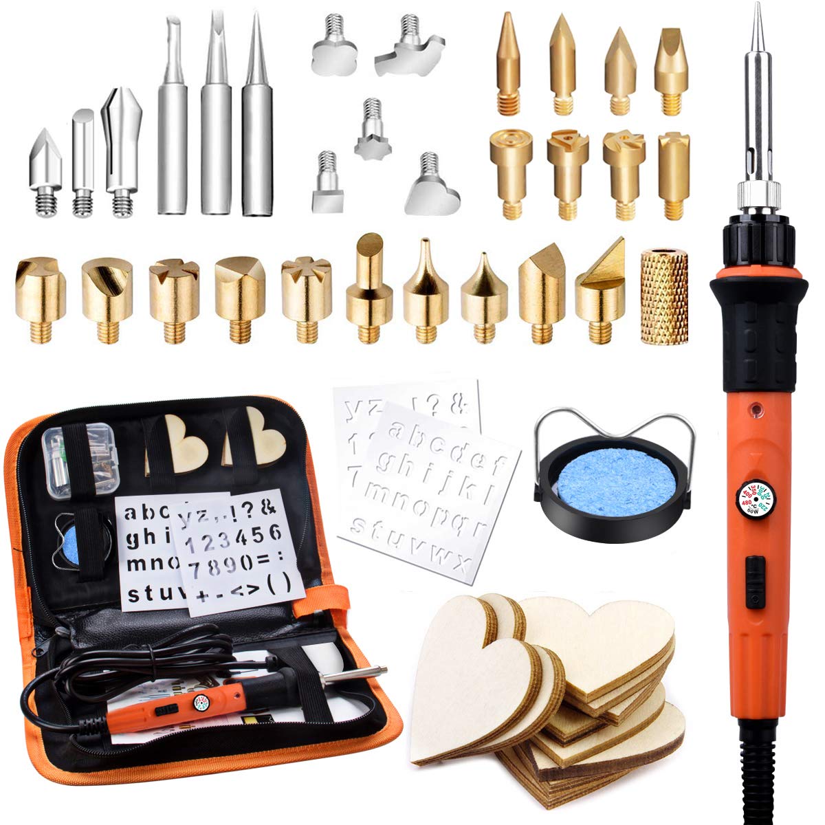 Wood Burning Kit, Preciva 45 in 1 Block Burn Pyrography Pen, Engraving Craft Kit with Pyrograph Basics and 60W Adjustable Temperature Soldering Irons Tool for Carving,Soldering with 31 Tips,Orange