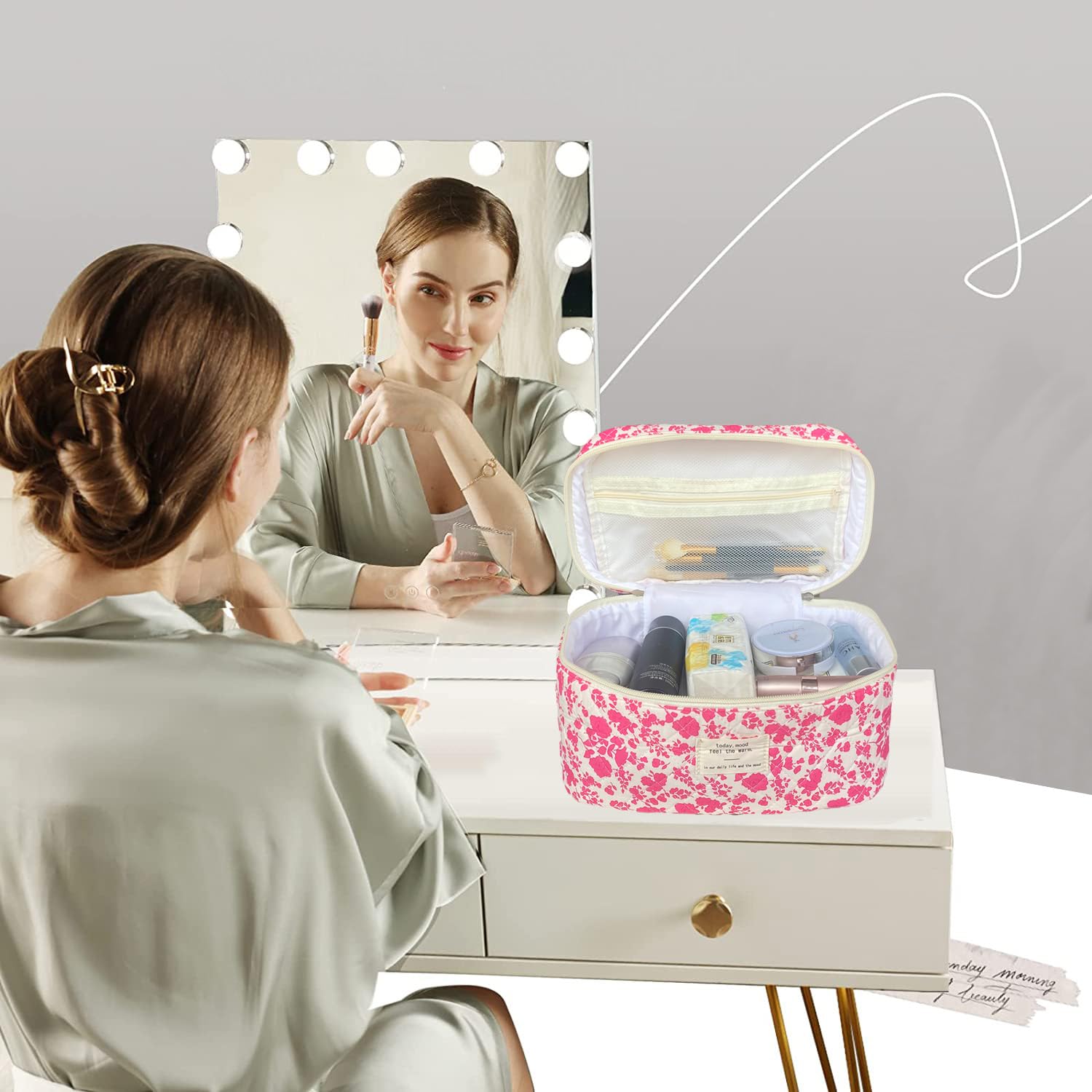 Rose Red Large Quilted Floral Makeup Bag Cute Soft Coquette Aesthetic Cosmetic Bag Cotton Travel Toiletry Bag for Women