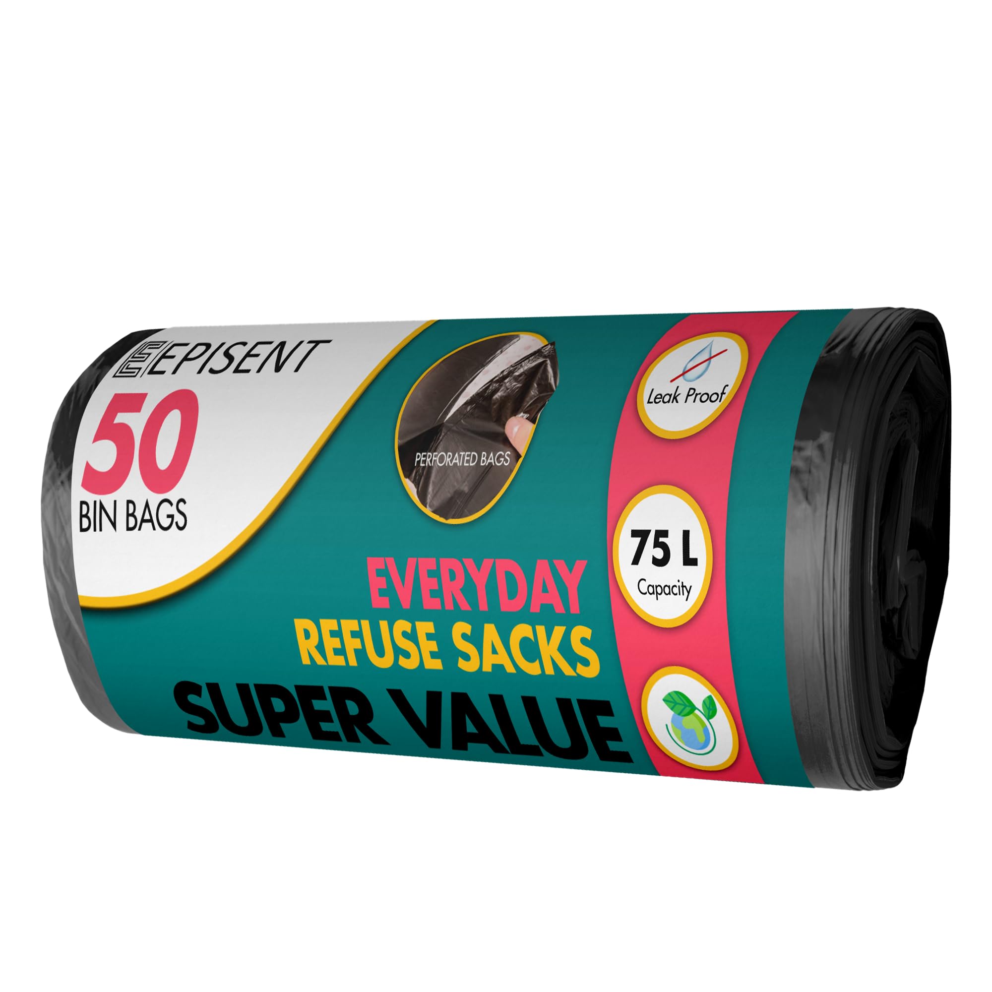 EPISENT 75L Heavy Duty Black Bin Bags – Extra Strong, Tear-Resistant, Earth-Friendly Bin Liners – Leak-Proof Refuse Sacks for Home, Kitchen, Garden, Commercial & Outdoor Use – Pack of 50