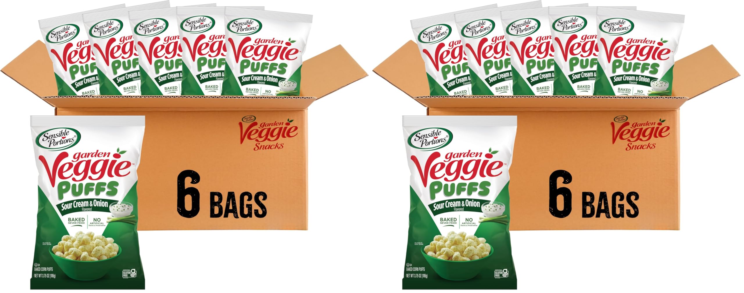 Sensible Portions Veggie Puffs, Sour Cream & Onion Flavor, Gluten-Free Chips, 3.75 Ounce Bag, 12-Pack Image