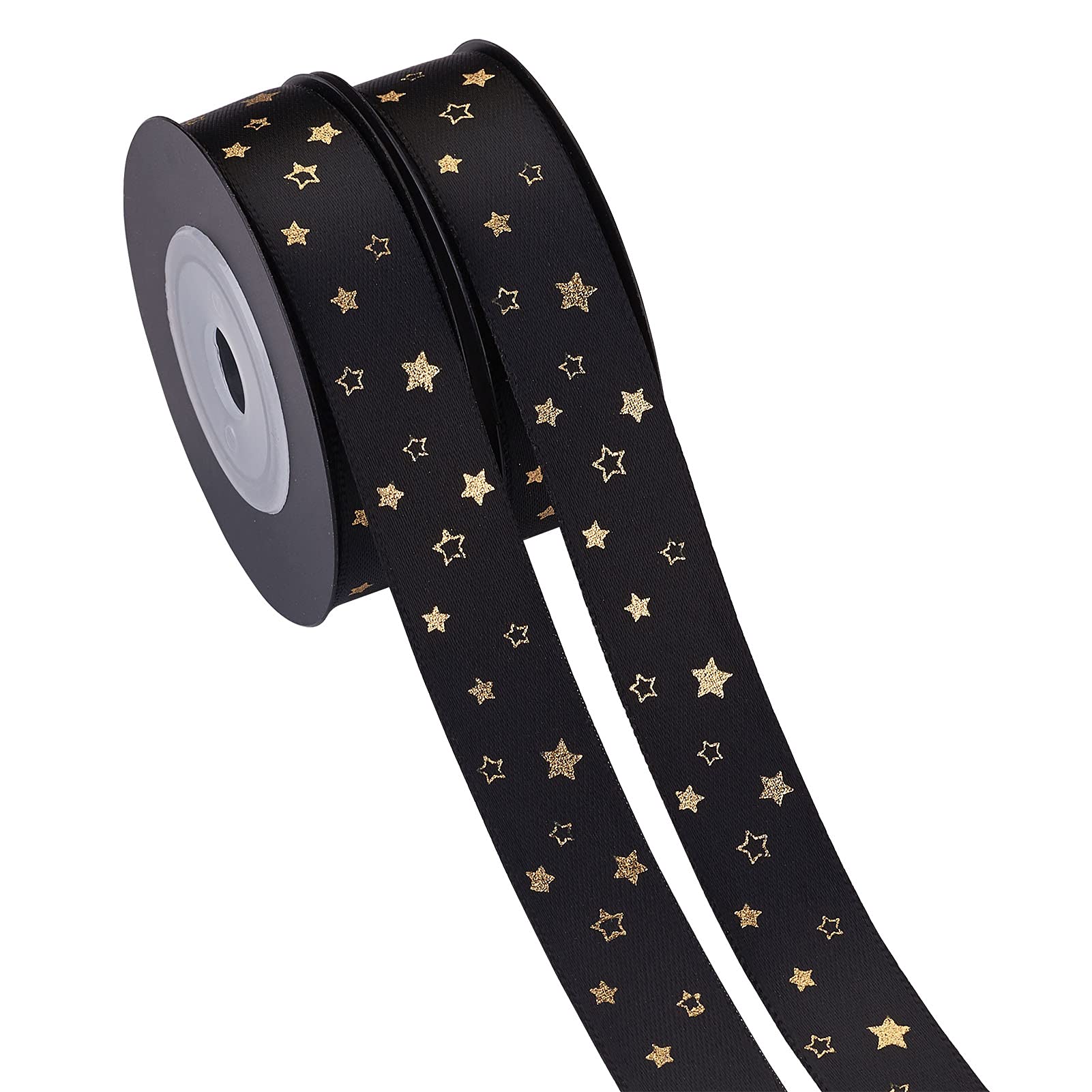 PandaHall 2 Roll 20 Yards Star Printed Satin Ribbon 5/8''Wide Black Decorative Ribbon with Gold Foil for Gift Wrapping Handmade Craft Party Wedding Decoration