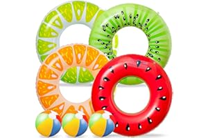 90shine 7PCS Fruit Pool Floats: Watermelon Kiwi Orange Lemon Swimming Rings with 13.5" Beach Balls - Inflatable Tubes Floaties Toys for Kids Adults