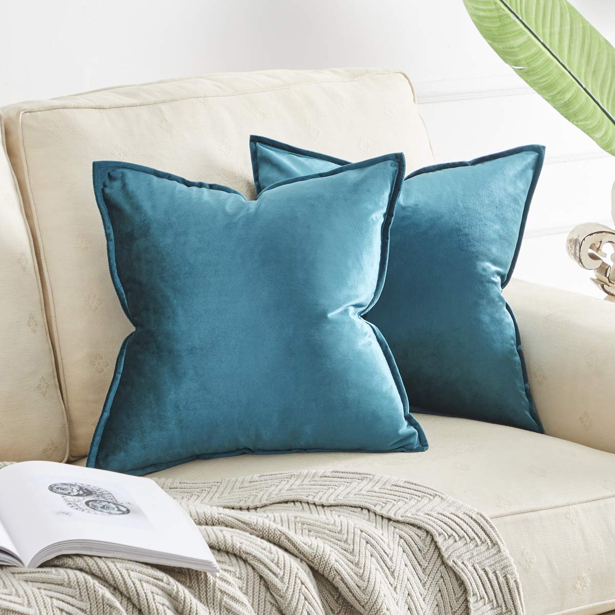 Photo 1 of GIGIZAZA Velvet Decorative Throw Pillow Covers,18x18 Peacock Blue Square Couch Sofa Pillow Covers,Pack of 2