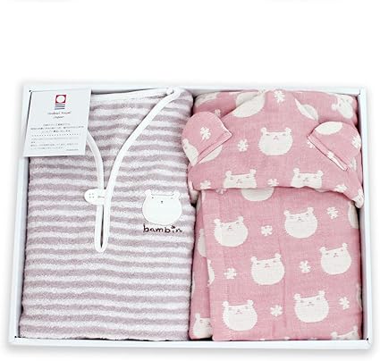 Amazon 今治タオル 出産祝い お風呂上がりベビーセット6重ガーゼ フード付バスタオル ピンク スリーパー バンビ ライトグレー ベビー用タオル ベビー マタニティ 通販
